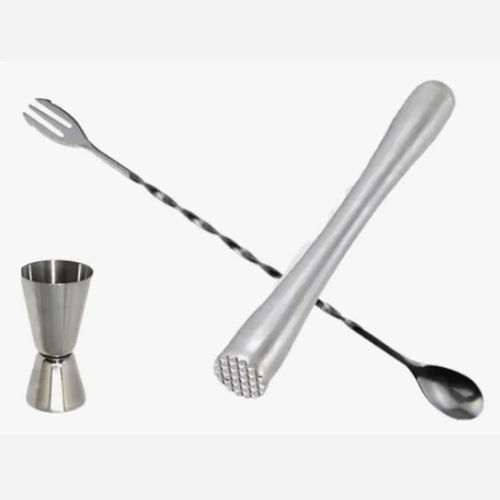 Combo Cuchara Coctelera + Jigger + Pisón De Acero Inoxidable